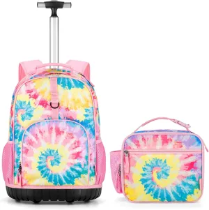 Choco Mocha Kids Rolling Backpack for Girls, 18 Inch Travel Roller Backpack for Elementary School Bookbag with Wheels, Tie Dye Rolling Backpacks with Lunch Bag Set for Girls, Colorful