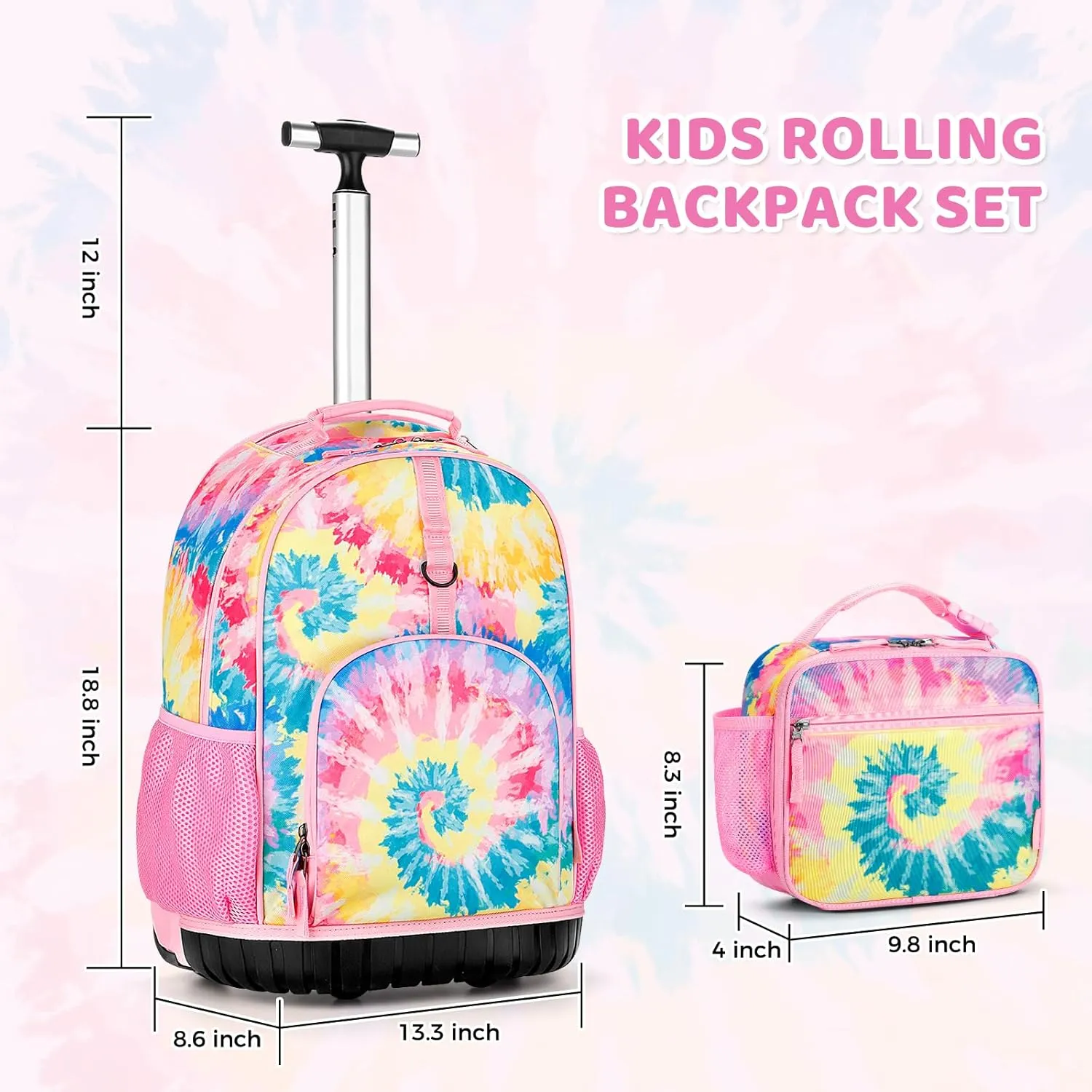 Choco Mocha Kids Rolling Backpack for Girls, 18 Inch Travel Roller Backpack for Elementary School Bookbag with Wheels, Tie Dye Rolling Backpacks with Lunch Bag Set for Girls, Colorful