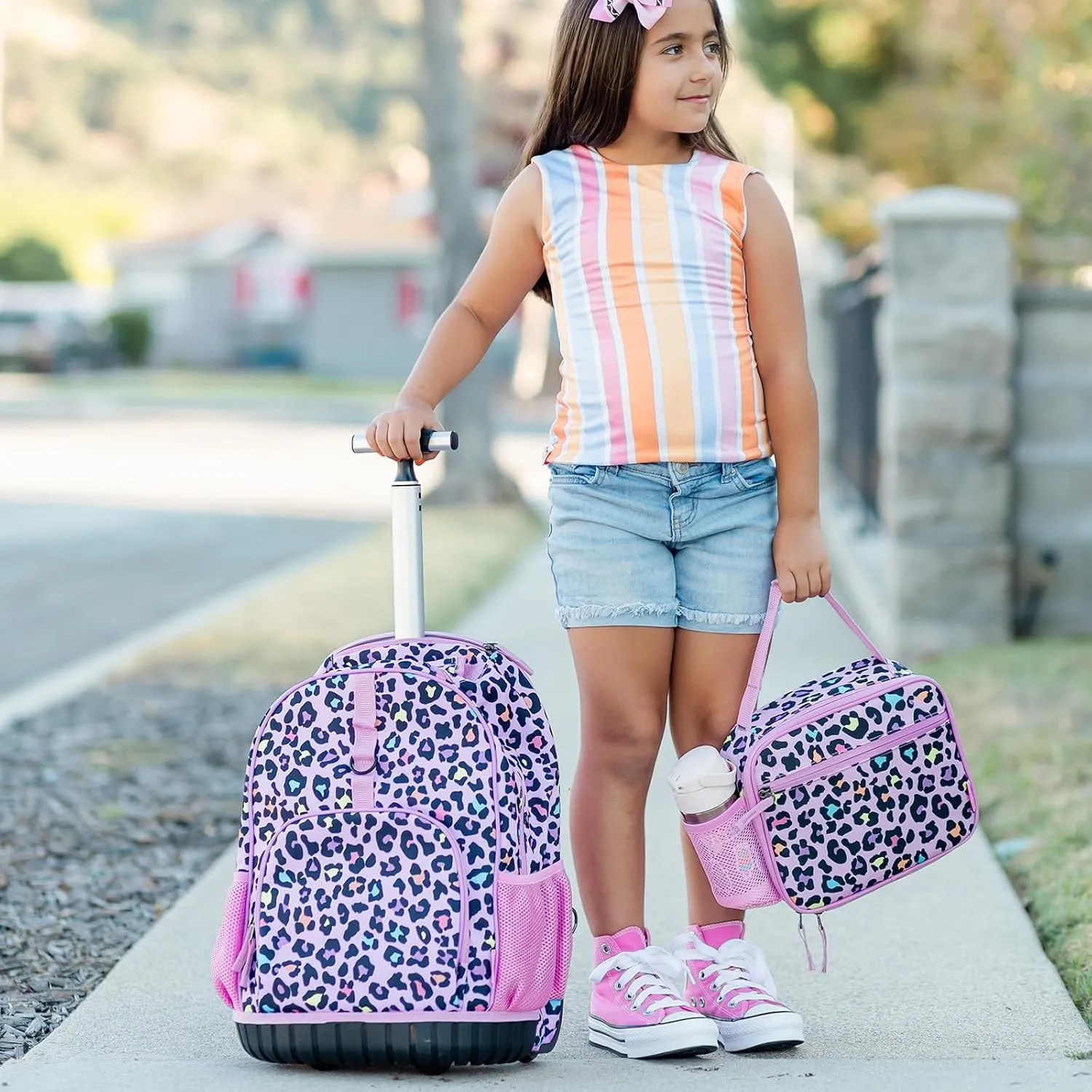 Choco Mocha Kids Rolling Backpack for Girls, 18 Inch Travel Roller Backpack for Elementary School Bookbag with Wheels, Tie Dye Rolling Backpacks with Lunch Bag Set for Girls, Colorful