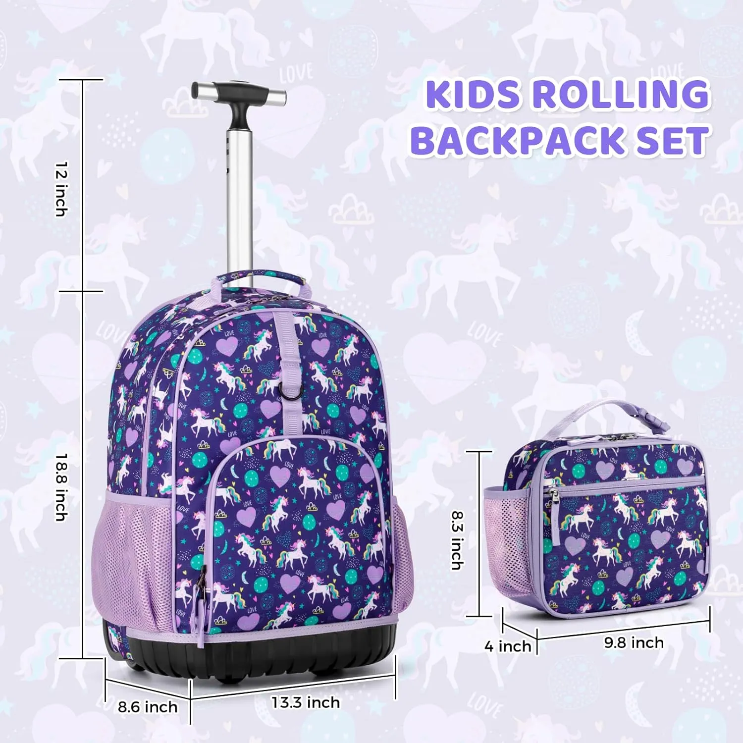 Choco Mocha Kids Rolling Backpack for Girls, 18 Inch Travel Roller Backpack for Elementary School Bookbag with Wheels, Unicorn Rolling Backpacks with Lunch Bag Set for Girls,Purple