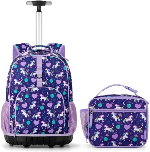 Choco Mocha Kids Rolling Backpack for Girls, 18 Inch Travel Roller Backpack for Elementary School Bookbag with Wheels, Unicorn Rolling Backpacks with Lunch Bag Set for Girls,Purple