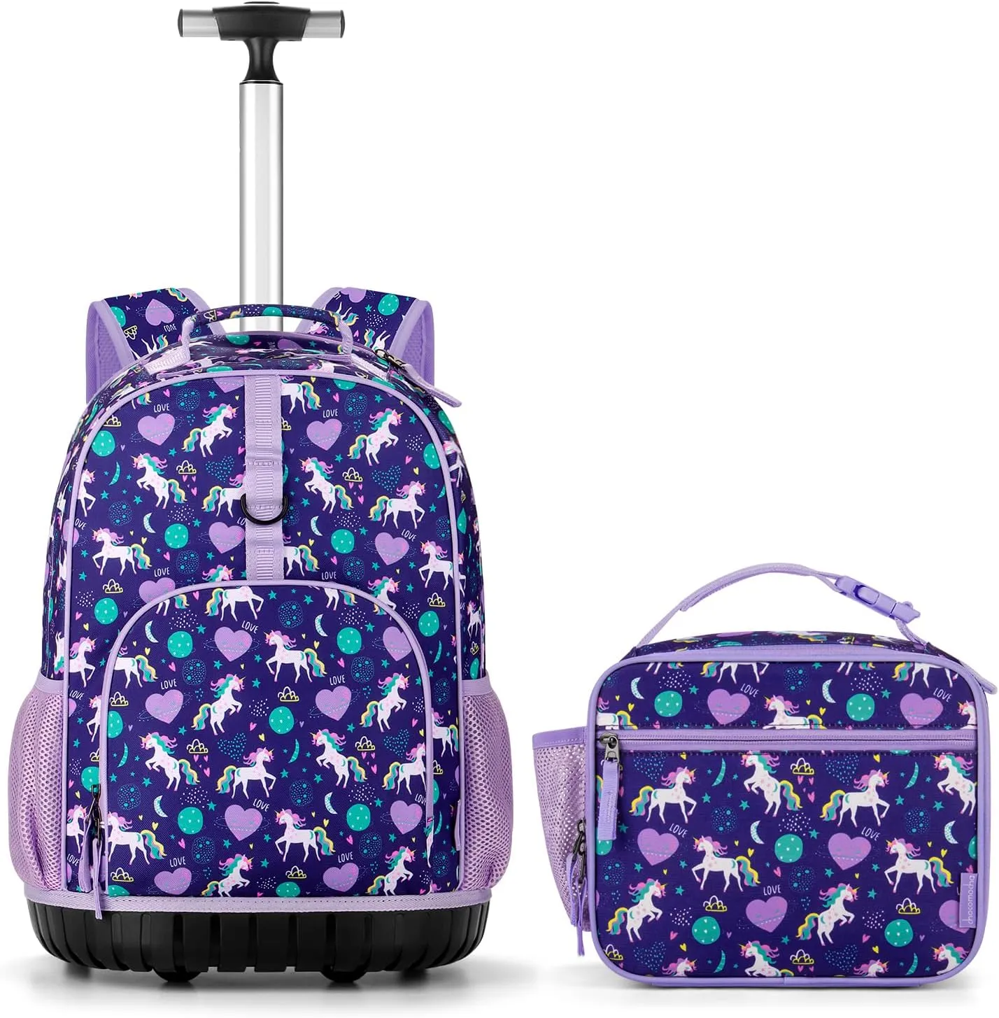 Choco Mocha Kids Rolling Backpack for Girls, 18 Inch Travel Roller Backpack for Elementary School Bookbag with Wheels, Unicorn Rolling Backpacks with Lunch Bag Set for Girls,Purple