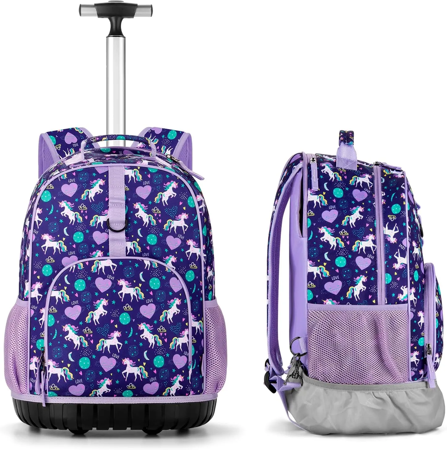 Choco Mocha Kids Rolling Backpack for Girls, 18 Inch Travel Roller Backpack for Elementary School Bookbag with Wheels, Unicorn Rolling Backpacks with Lunch Bag Set for Girls,Purple