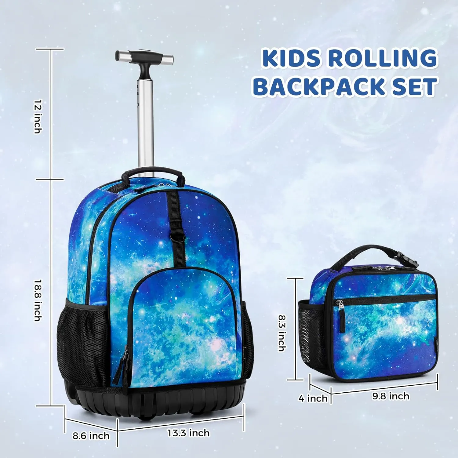 Choco Mocha Rolling Backpack Boys for Kids, 18 Inch Rolling Backpack for Elementary School Bookbag with Wheels, Roller Backpacks with Lunch Bag Set for Boys, Galaxy Green