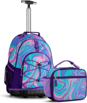 Choco Mocha Rolling Backpack for Girls, 18 Inch Roller Backpack for Middle School Bookbag with Wheels for Teen Girl, Laser Rolling Backpacks for Girls 8-12 with Lunch Bag Set, Purple