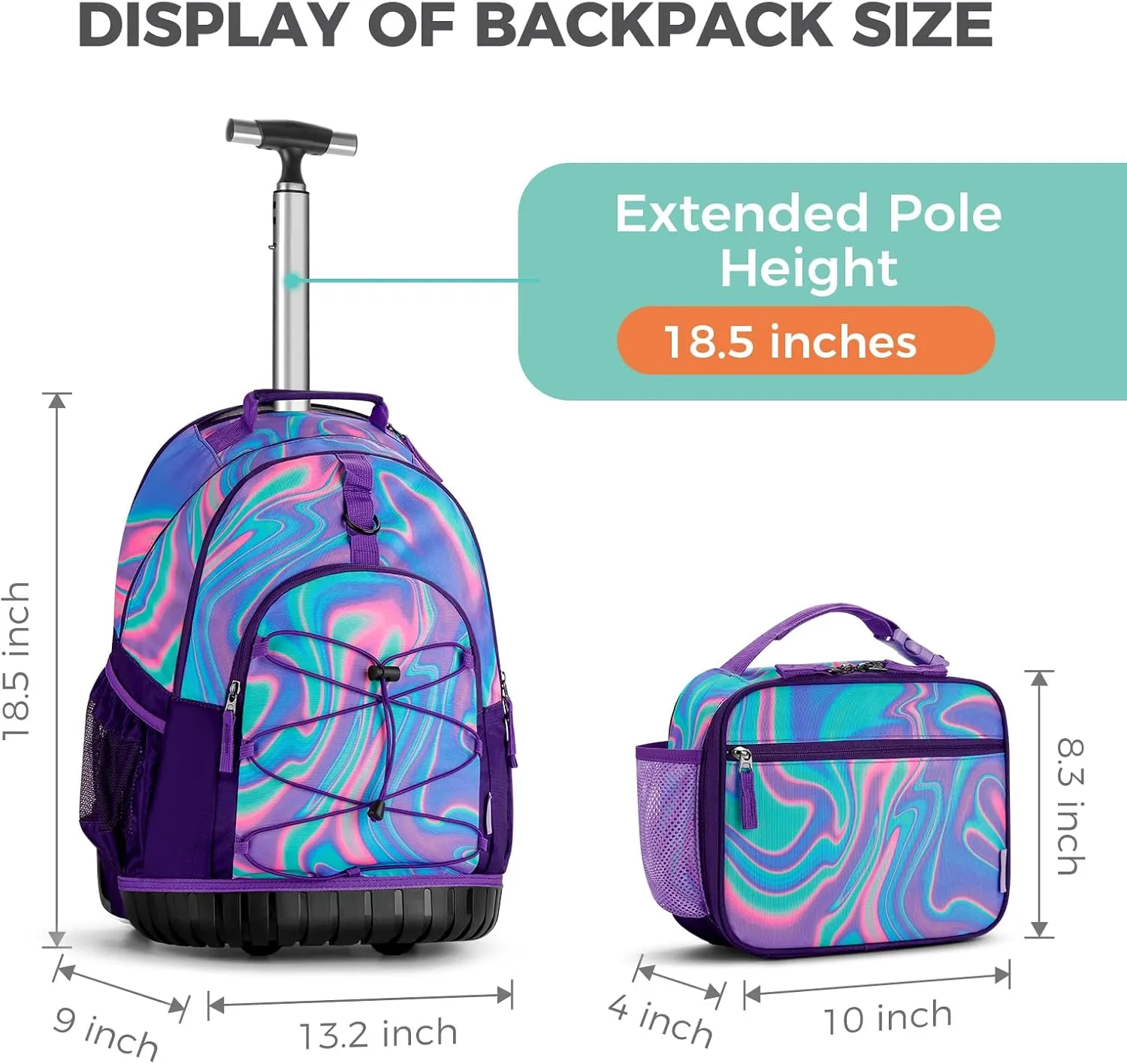 Choco Mocha Rolling Backpack for Girls, 18 Inch Roller Backpack for Middle School Bookbag with Wheels for Teen Girl, Laser Rolling Backpacks for Girls 8-12 with Lunch Bag Set, Purple