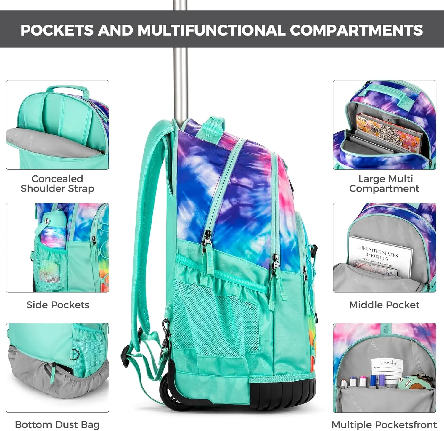 Choco Mocha Rolling Backpack for Girls, 18 Inch Roller Backpack for Middle School Bookbag with Wheels for Teen Girl, Laser Rolling Backpacks for Girls 8-12 with Lunch Bag Set, Purple