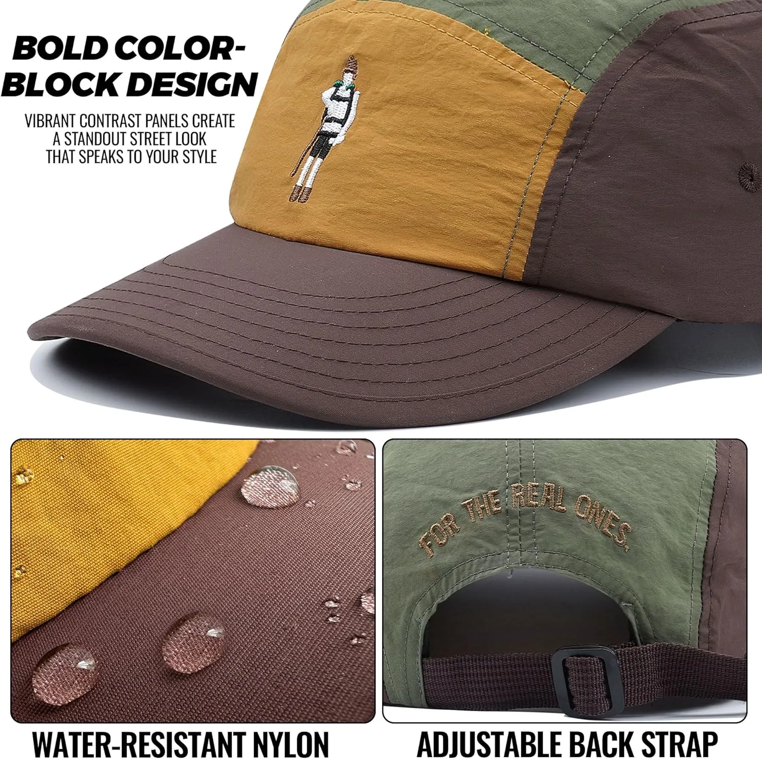 CLAPE 5 Panel Cap Curved Bill Dad Golf Cap Waterproof Nylon Hat Stylish Embroidered Baseball Cap Hip Pop Dancing Snapback Cap