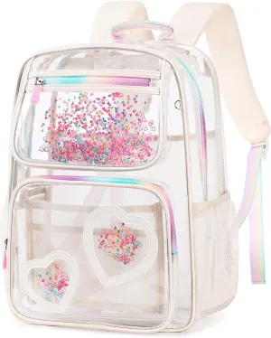 Clear Backpack for Girls Women Transparent Kids Elementary College School Bag Travel Laptop Backpacks Large Bookbags (Off-white)
