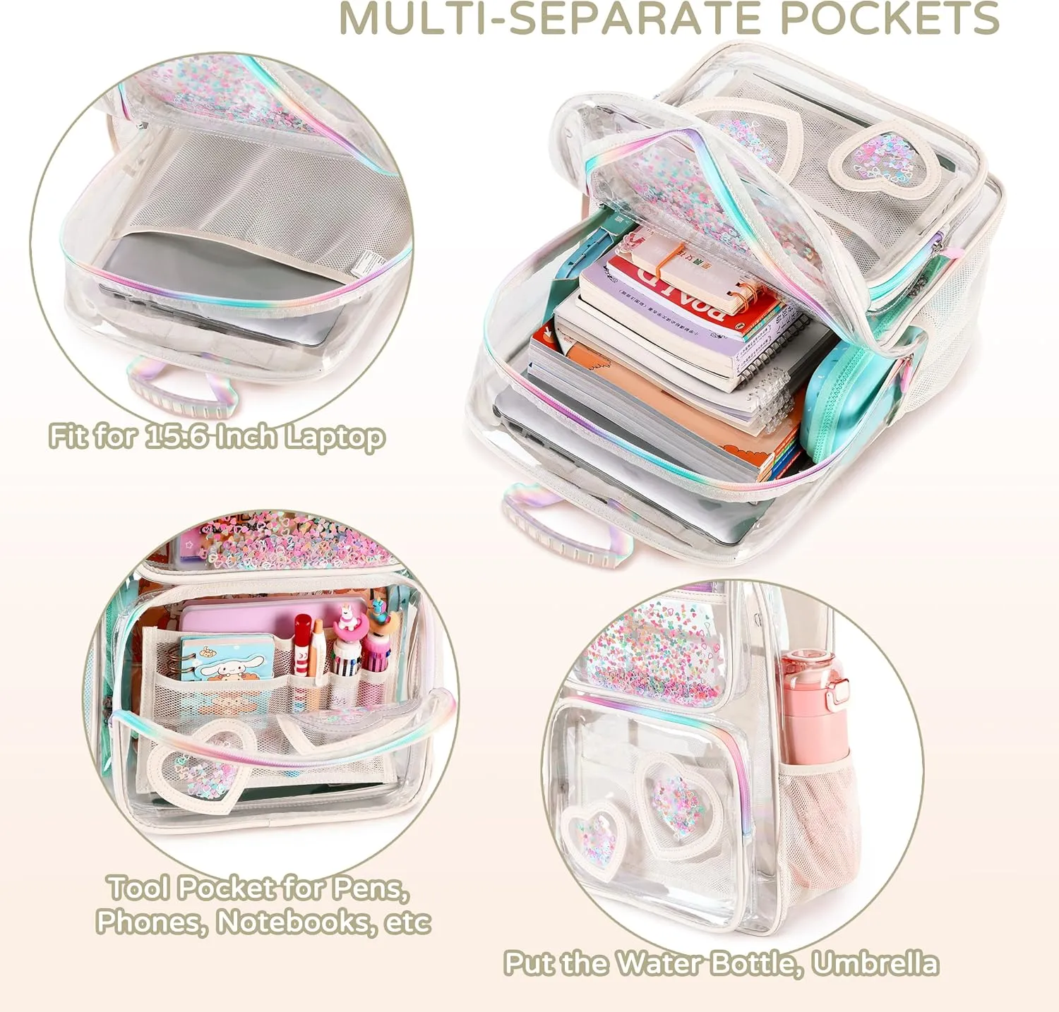 Clear Backpack for Girls Women Transparent Kids Elementary College School Bag Travel Laptop Backpacks Large Bookbags (Off-white)