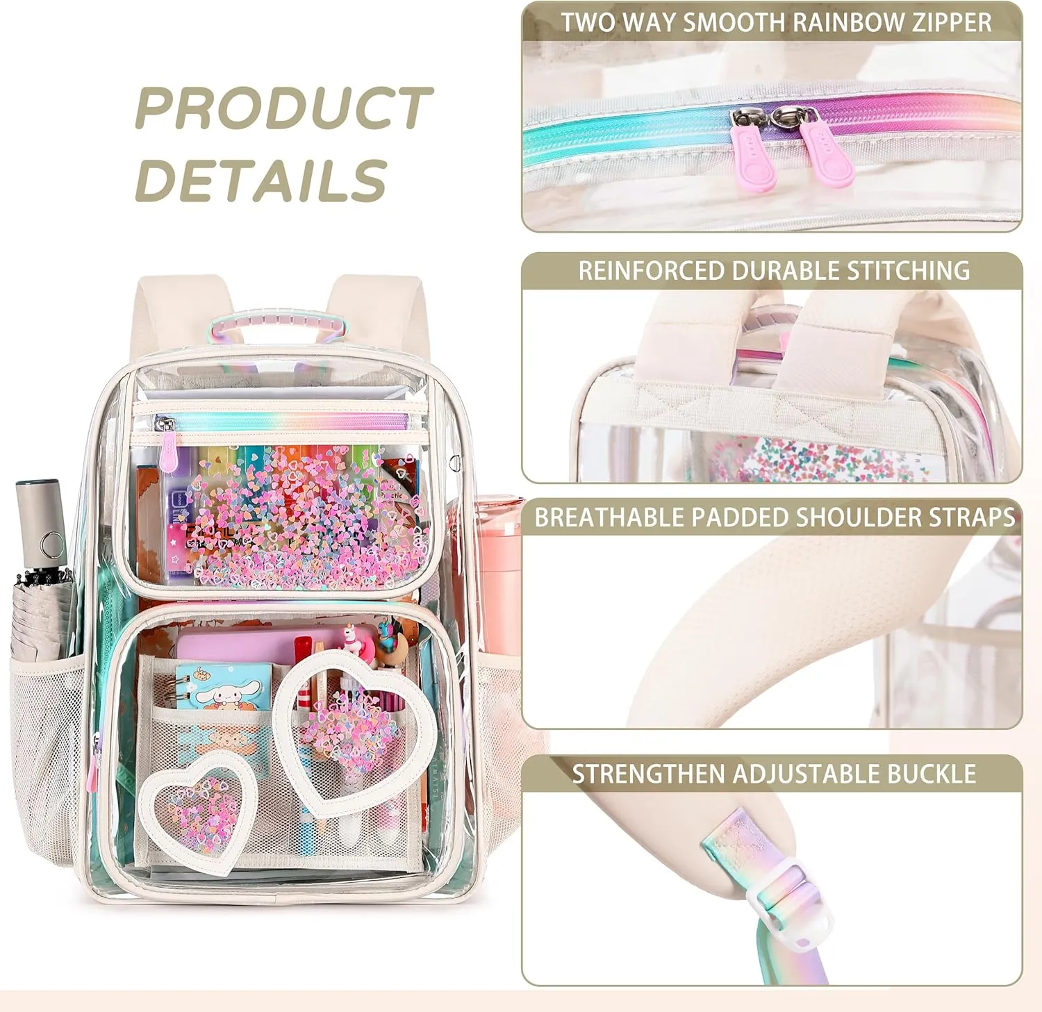 Clear Backpack for Girls Women Transparent Kids Elementary College School Bag Travel Laptop Backpacks Large Bookbags (Off-white)
