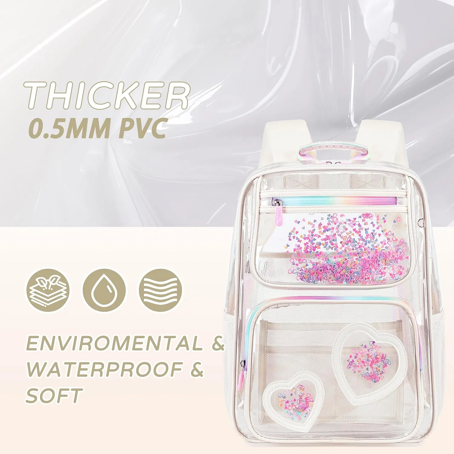 Clear Backpack for Girls Women Transparent Kids Elementary College School Bag Travel Laptop Backpacks Large Bookbags (Off-white)