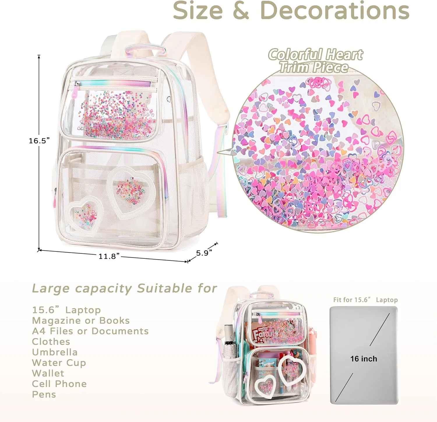 Clear Backpack for Girls Women Transparent Kids Elementary College School Bag Travel Laptop Backpacks Large Bookbags (Off-white)
