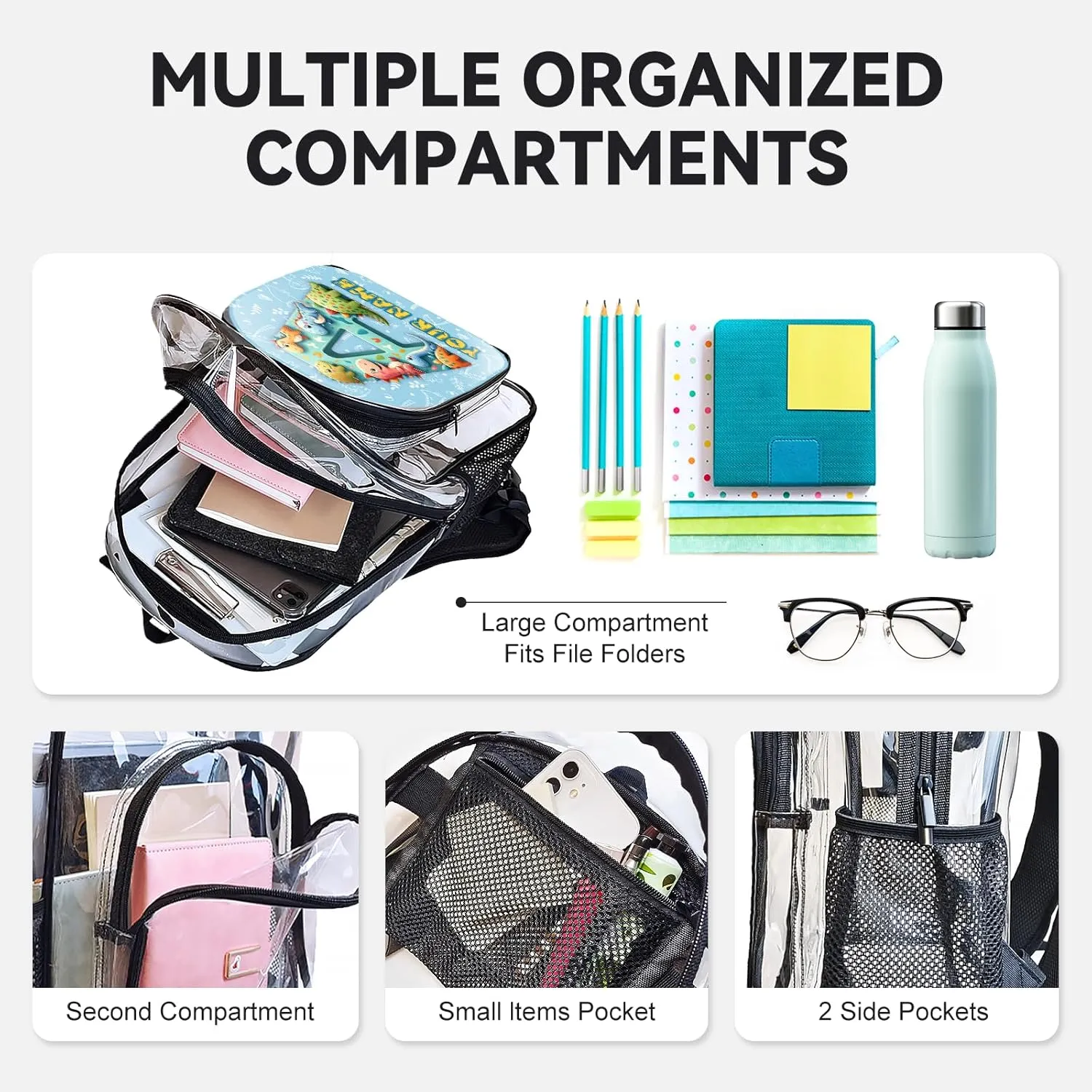 Clear Backpack for School Stadium Events Team Gifts for Women Men, Personalized Dinosaur Monogram Transparent Backpack Heavy Duty With Buckle for Kids for College Workplace Stadium