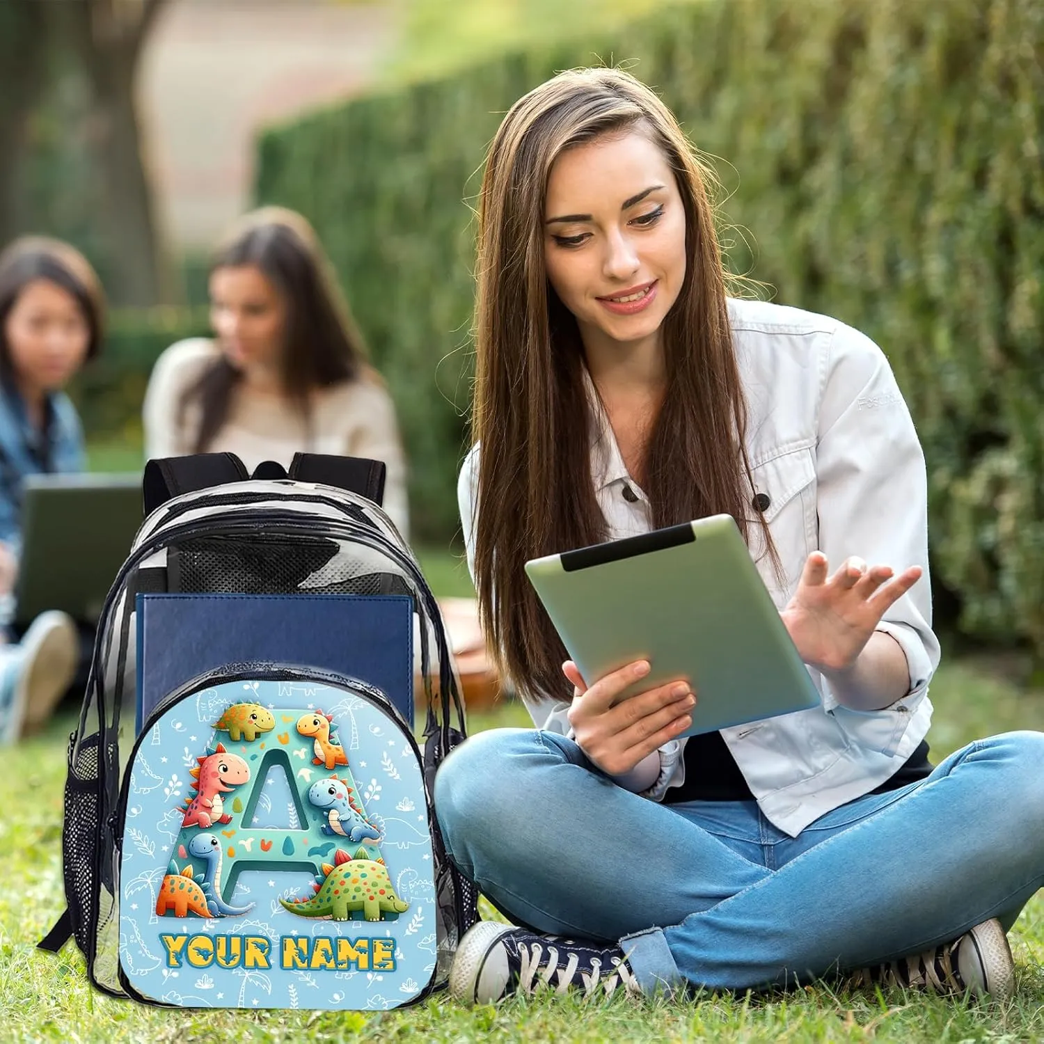 Clear Backpack for School Stadium Events Team Gifts for Women Men, Personalized Dinosaur Monogram Transparent Backpack Heavy Duty With Buckle for Kids for College Workplace Stadium