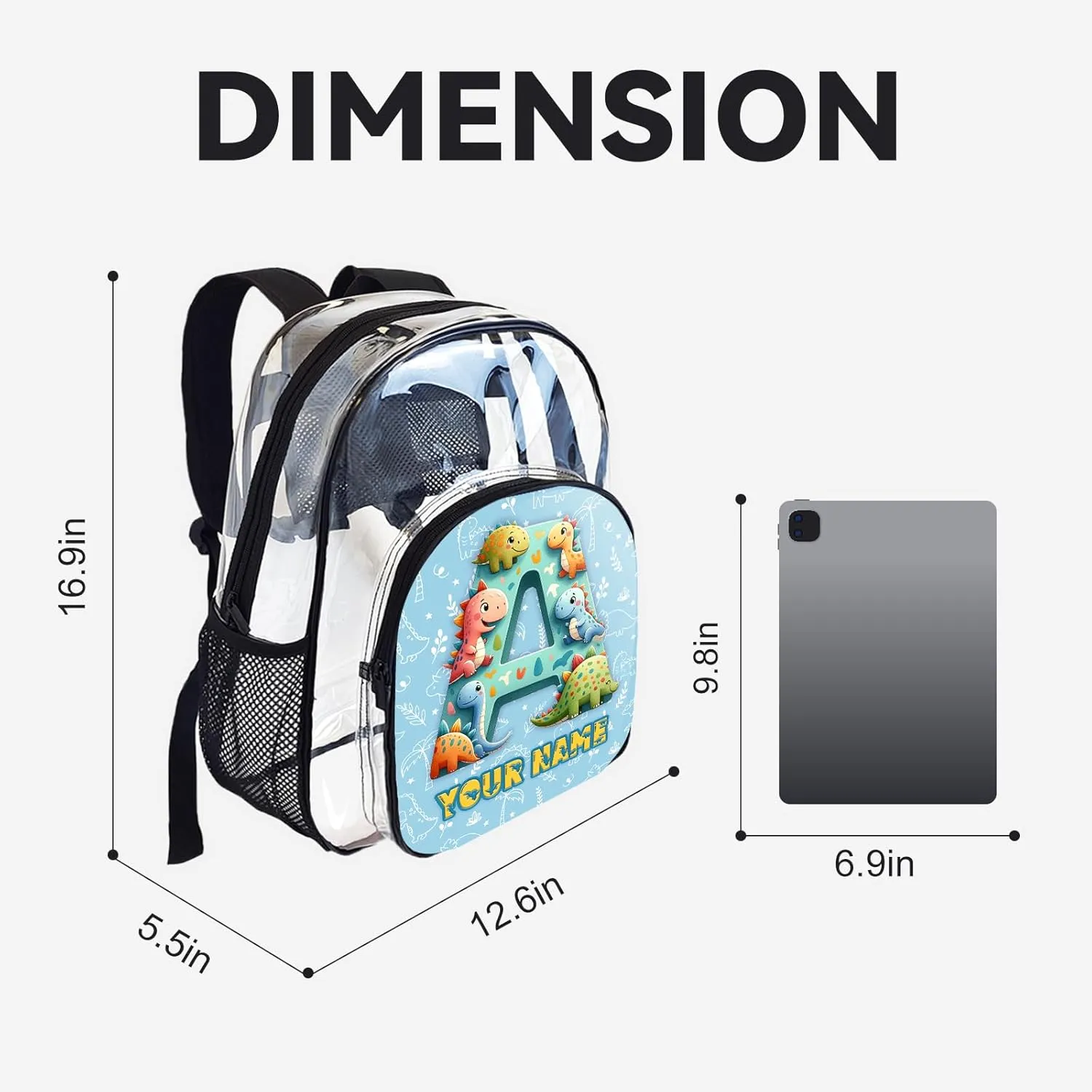 Clear Backpack for School Stadium Events Team Gifts for Women Men, Personalized Dinosaur Monogram Transparent Backpack Heavy Duty With Buckle for Kids for College Workplace Stadium