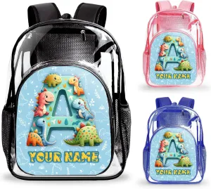 Clear Backpack for School Stadium Events Team Gifts for Women Men, Personalized Dinosaur Monogram Transparent Backpack Heavy Duty With Buckle for Kids for College Workplace Stadium