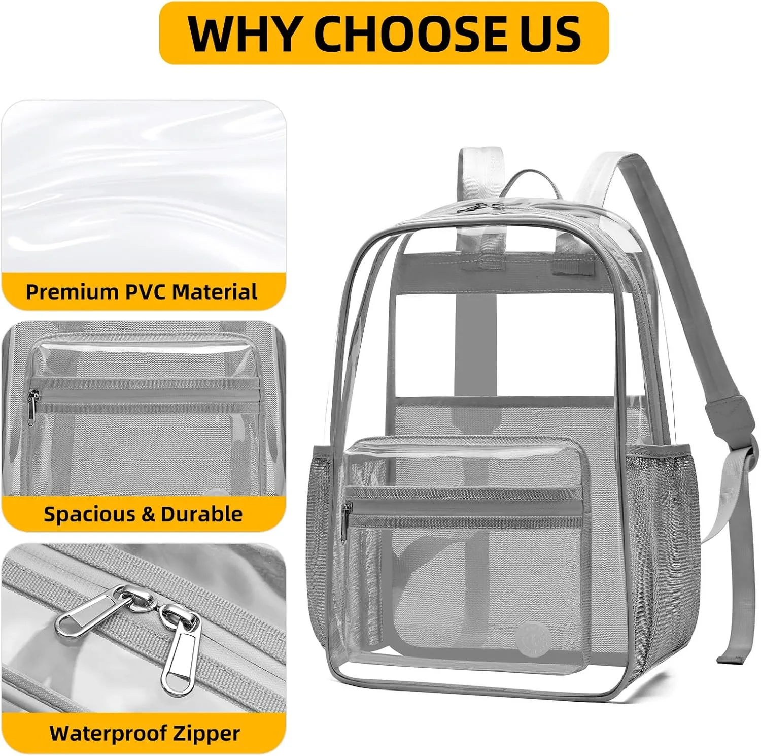 Clear Backpack Heavy Duty Clear Bookbag LargeTransparent Backpacks for College, Work, Stadium Events (Gray)