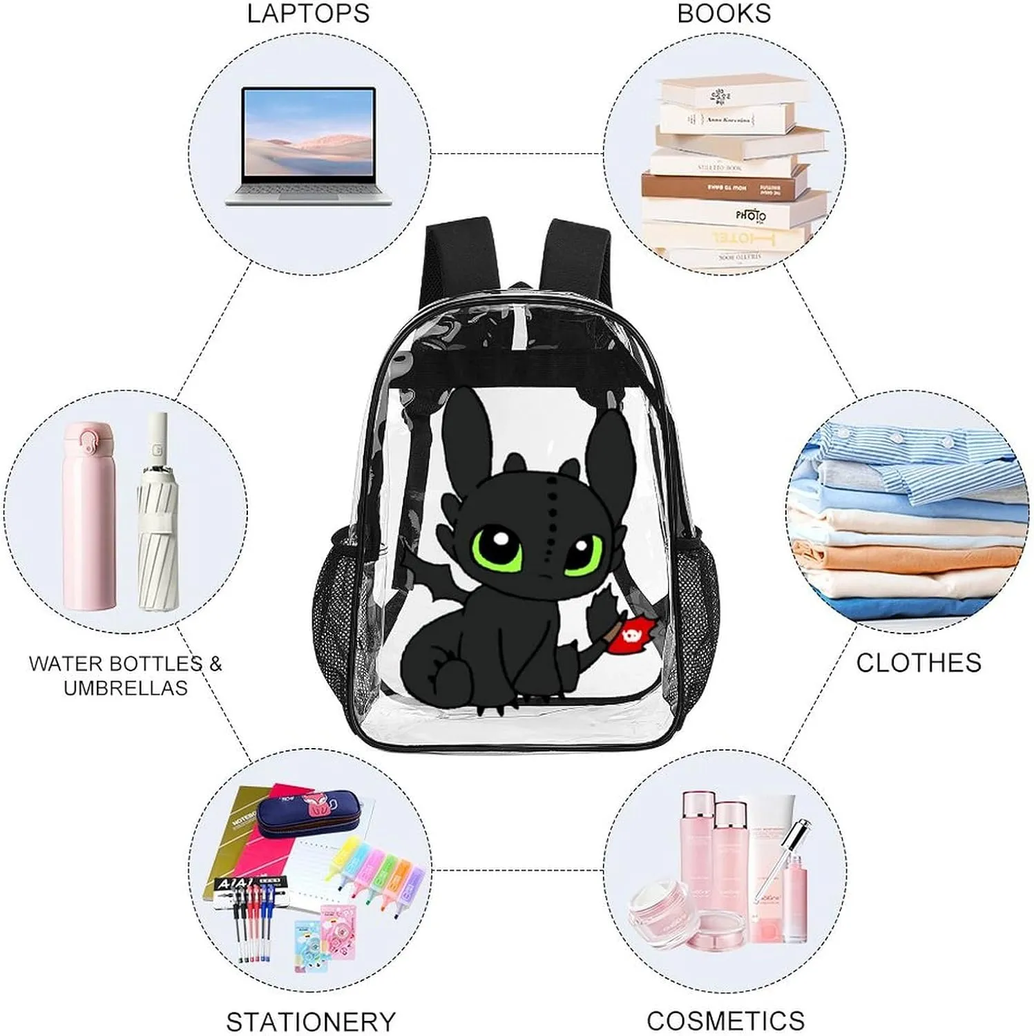 Clear Backpack Heavy Duty PVC Transparent Cartoon Dragon Backpack 17" Large Capacity See Through Bag for College
