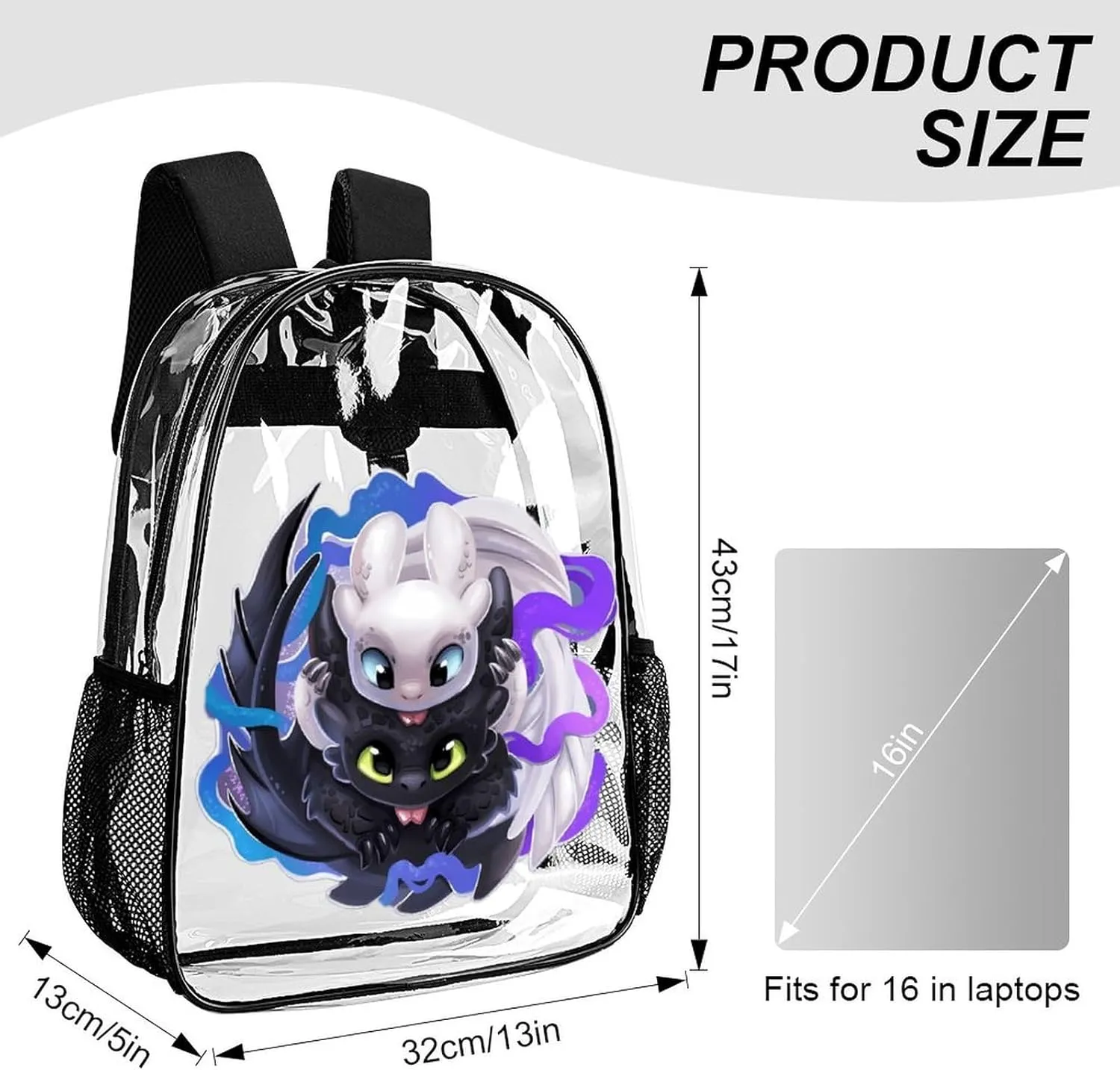 Clear Backpack Heavy Duty PVC Transparent Cartoon Dragon Backpack 17" Large Capacity See Through Bag for College