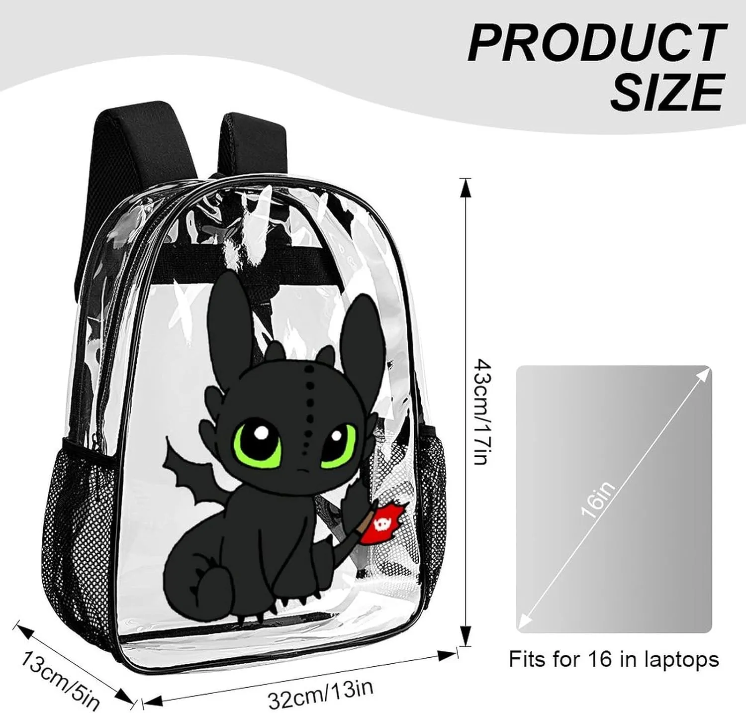 Clear Backpack Heavy Duty PVC Transparent Cartoon Dragon Backpack 17" Large Capacity See Through Bag for College