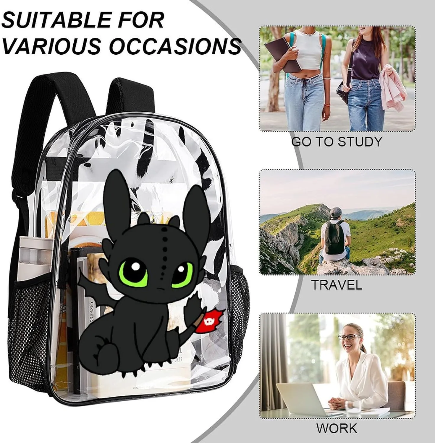 Clear Backpack Heavy Duty PVC Transparent Cartoon Dragon Backpack 17" Large Capacity See Through Bag for College
