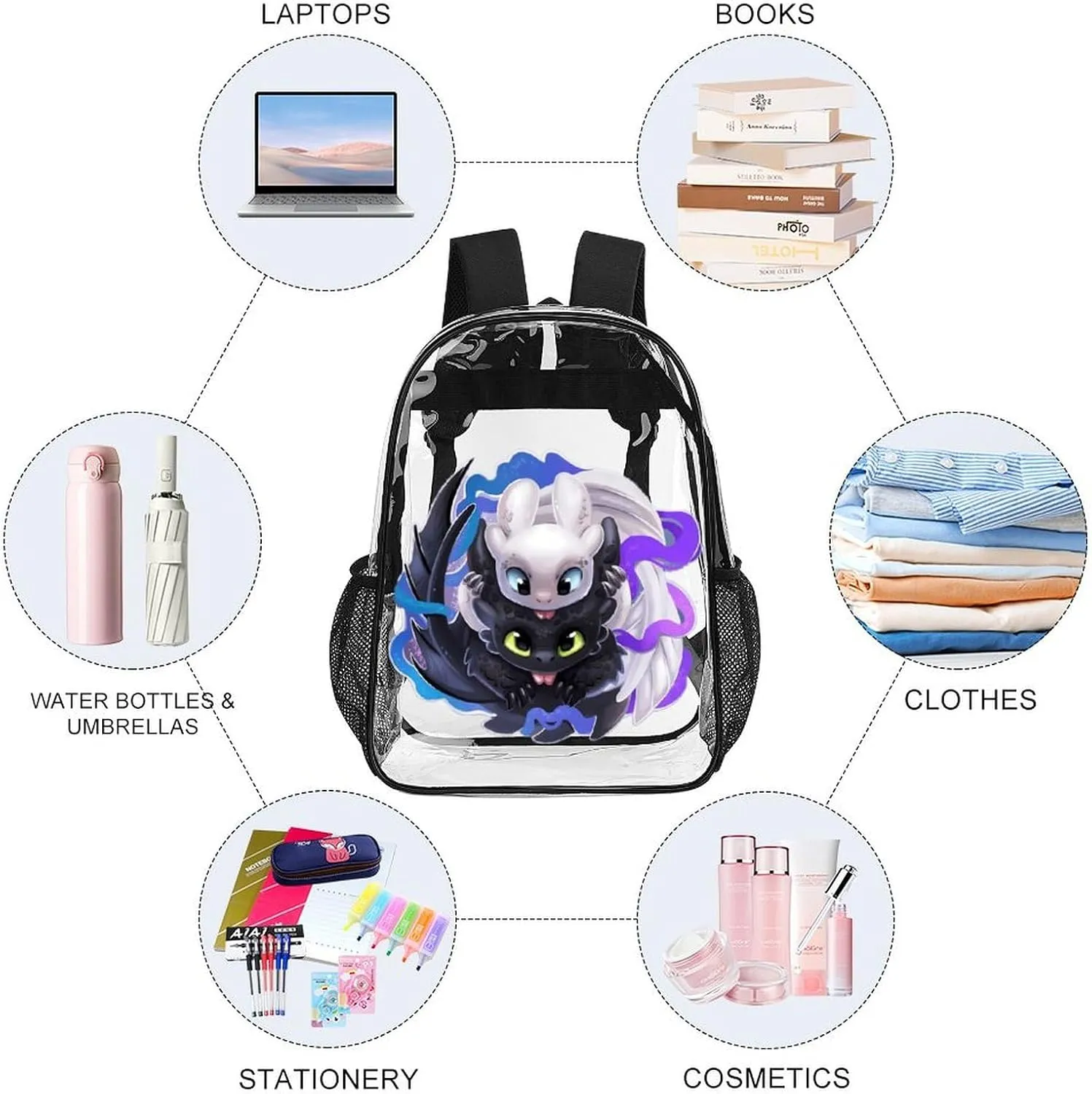 Clear Backpack Heavy Duty PVC Transparent Cartoon Dragon Backpack 17" Large Capacity See Through Bag for College
