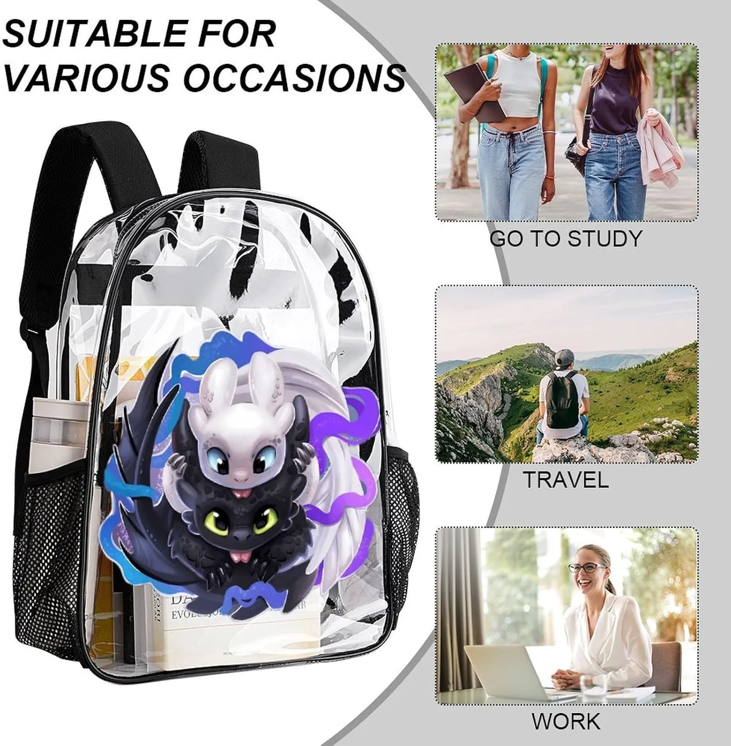 Clear Backpack Heavy Duty PVC Transparent Cartoon Dragon Backpack 17" Large Capacity See Through Bag for College