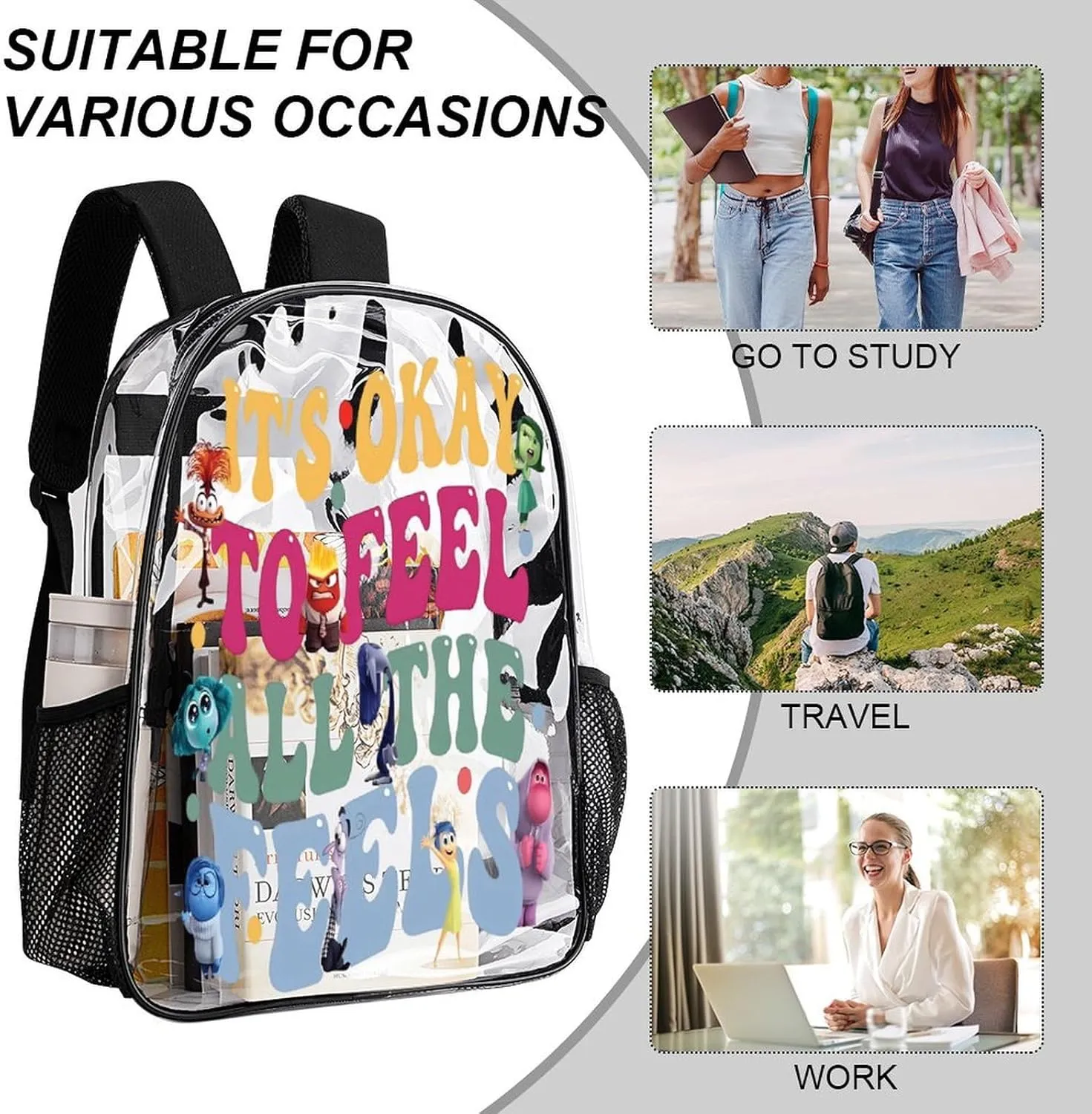 Clear Backpack Heavy Duty PVC Transparent Cartoon Emotion Backpack 17" Large Capacity See Through Bag for Travel