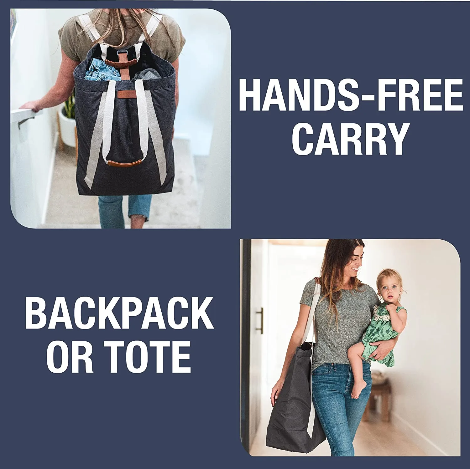 CleverMade Backpack Laundry Bag Tote with Comfortable Shoulder Straps - Extra Large Capacity Polyester Clothes Hamper with Premium Handles and an Inner Zipper Storage Pocket for Valuables, Cream