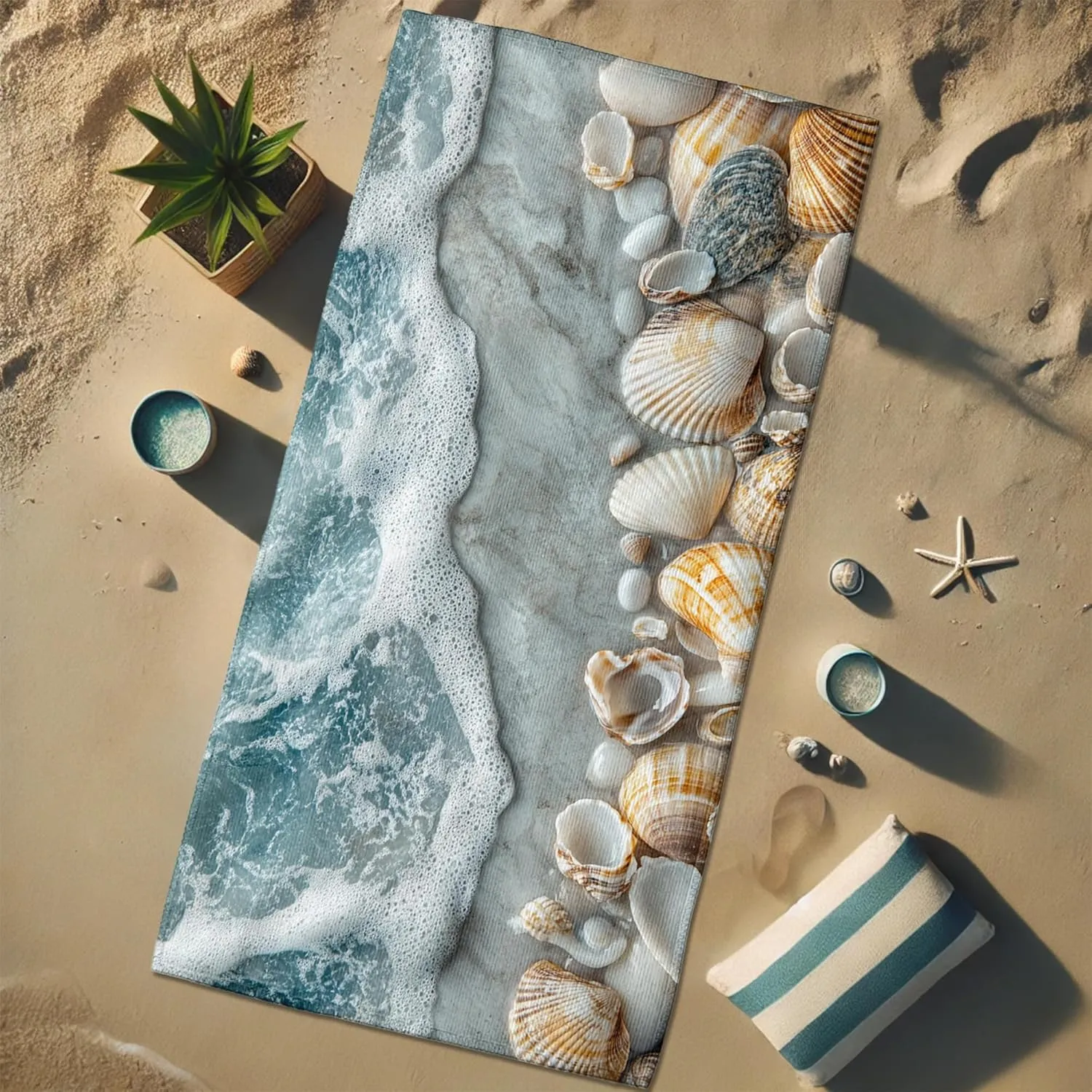 Coastal Shells Microfiber Beach Towel Teal Nautical Design Extra Large Soft Quick Dry Absorbent Sand Free Lightweight Beach Blanket, Summer Travel Pool Picnic Essentials 62x31 Inch