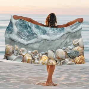 Coastal Shells Microfiber Beach Towel Teal Nautical Design Extra Large Soft Quick Dry Absorbent Sand Free Lightweight Beach Blanket, Summer Travel Pool Picnic Essentials 62x31 Inch