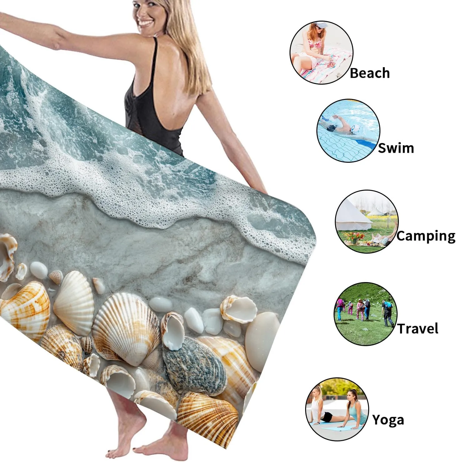 Coastal Shells Microfiber Beach Towel Teal Nautical Design Extra Large Soft Quick Dry Absorbent Sand Free Lightweight Beach Blanket, Summer Travel Pool Picnic Essentials 62x31 Inch