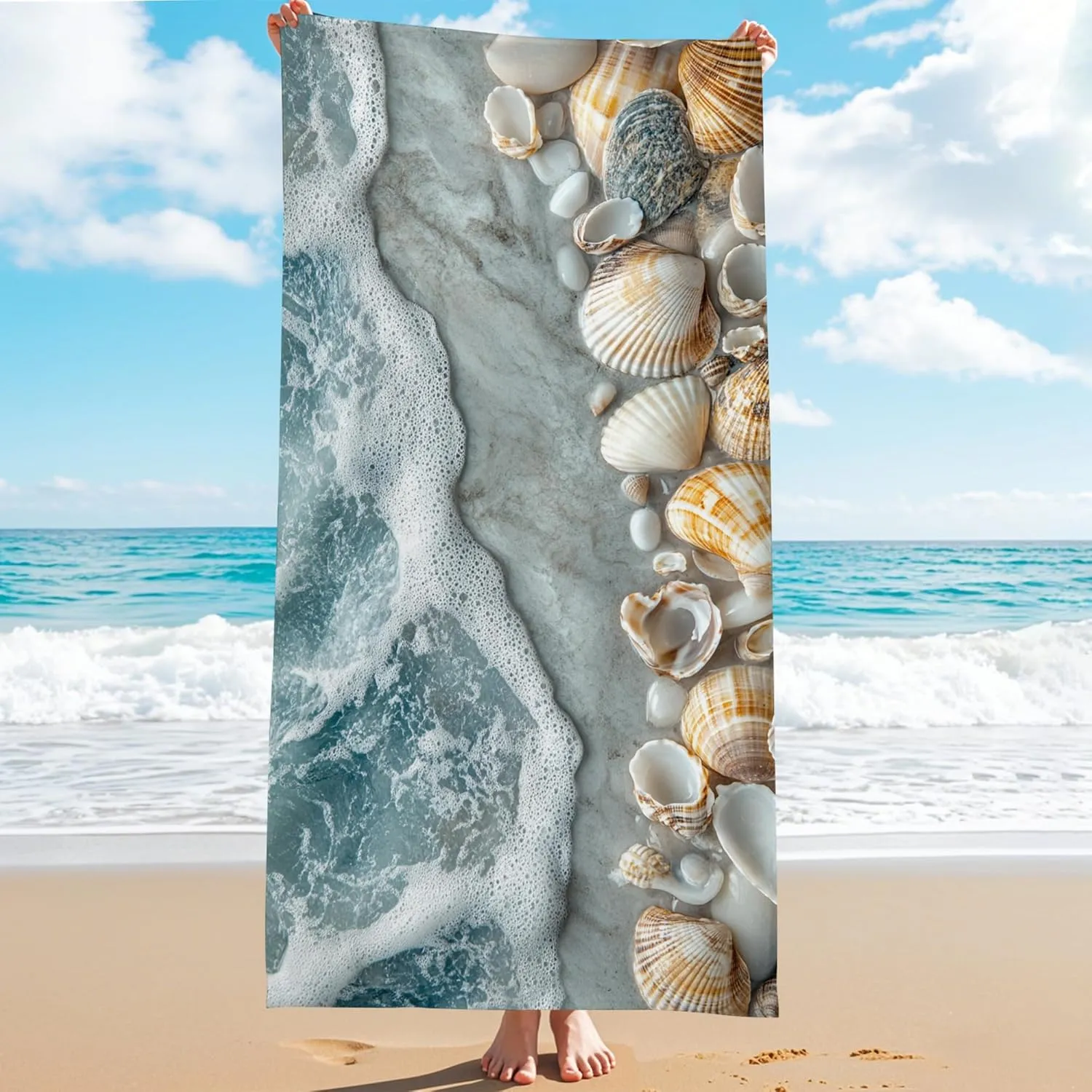 Coastal Shells Microfiber Beach Towel Teal Nautical Design Extra Large Soft Quick Dry Absorbent Sand Free Lightweight Beach Blanket, Summer Travel Pool Picnic Essentials 62x31 Inch