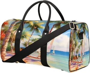 Coconut Trees Seaside Boats Travel Duffel Bag for Women Men Foldable Sport Gym Tote Bag Lightweight Waterproof Weekender Overnight Bag for Weekend Holiday Gym Swim Yoga
