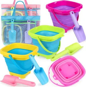 Collapsible Beach Buckets for Kids, 4 Packs Foldable Sand Buckets and Shovels with Mesh Beach Bag, Silicone Sand Pails for Toddlers Beach Toys, Easter Egg Hunt, Camping, Travelling, Fishing Water Pail