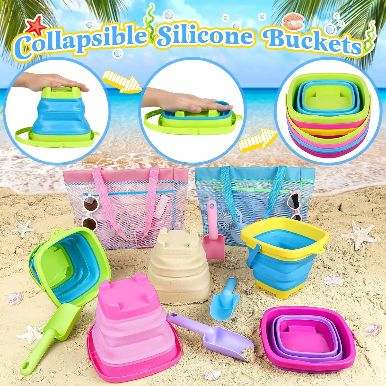 Collapsible Beach Buckets for Kids, 4 Packs Foldable Sand Buckets and Shovels with Mesh Beach Bag, Silicone Sand Pails for Toddlers Beach Toys, Easter Egg Hunt, Camping, Travelling, Fishing Water Pail