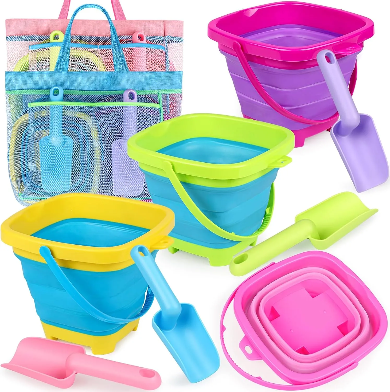 Collapsible Beach Buckets for Kids, 4 Packs Foldable Sand Buckets and Shovels with Mesh Beach Bag, Silicone Sand Pails for Toddlers Beach Toys, Easter Egg Hunt, Camping, Travelling, Fishing Water Pail