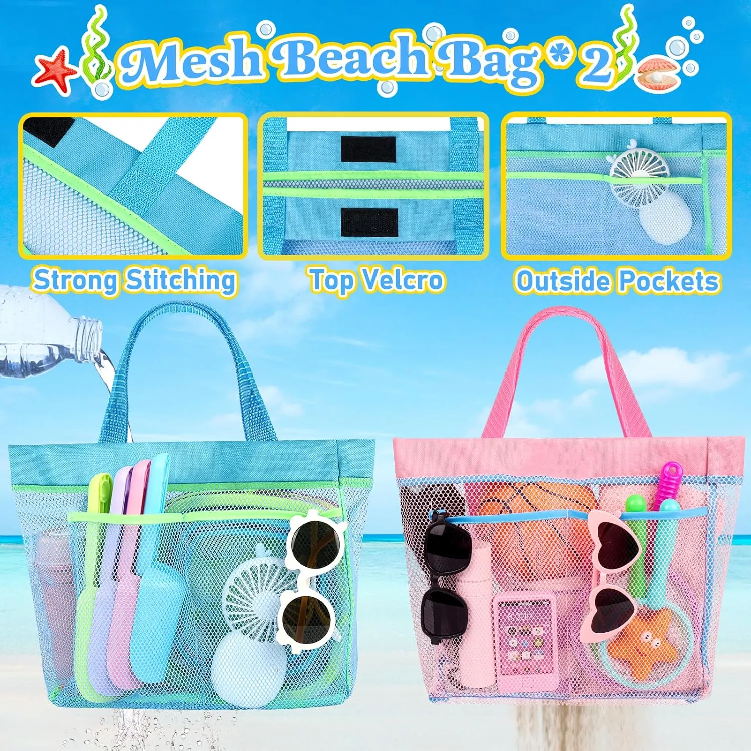 Collapsible Beach Buckets for Kids, 4 Packs Foldable Sand Buckets and Shovels with Mesh Beach Bag, Silicone Sand Pails for Toddlers Beach Toys, Easter Egg Hunt, Camping, Travelling, Fishing Water Pail