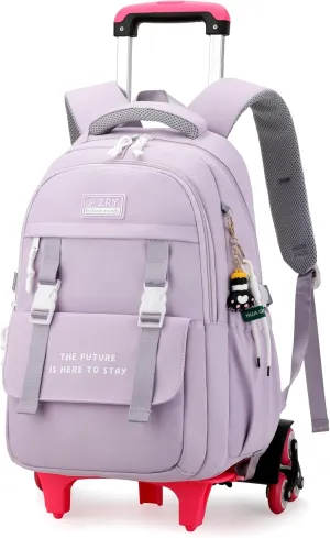 Color-blocking Rolling Backpack for Girls School Elementary, School Bags Girls Backpacks with 6 Wheels, Purple