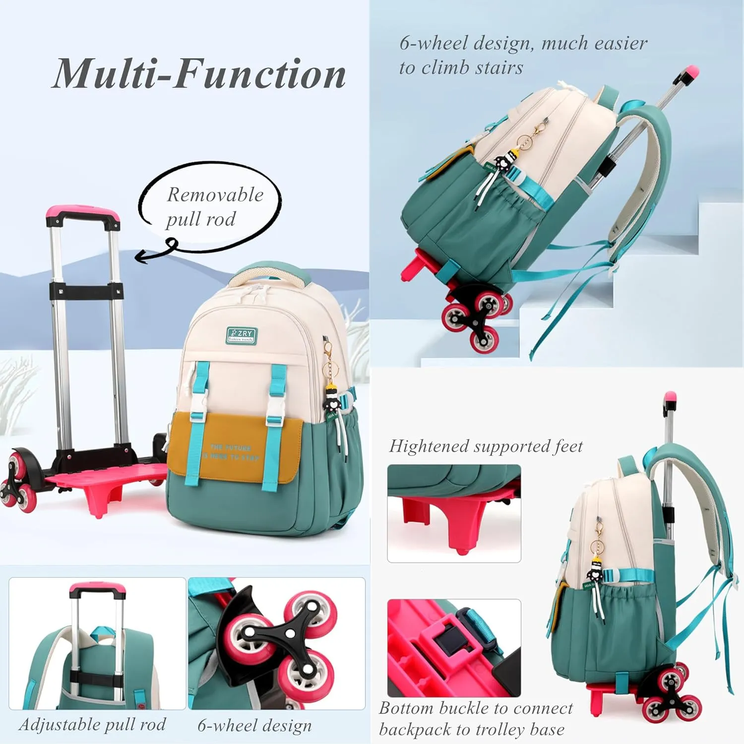 Color-blocking Rolling Backpack for Girls School Elementary, School Bags Girls Backpacks with 6 Wheels, Purple