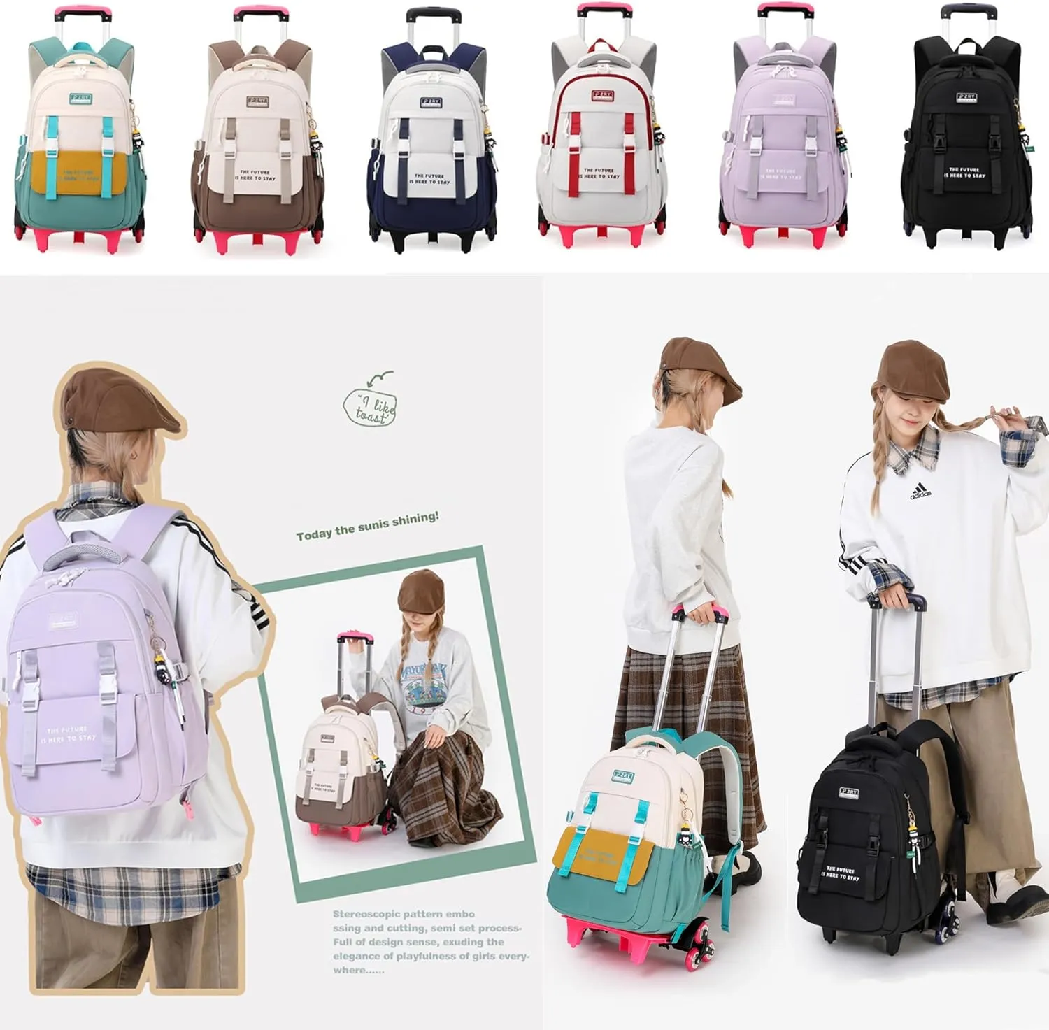 Color-blocking Rolling Backpack for Girls School Elementary, School Bags Girls Backpacks with 6 Wheels, Purple