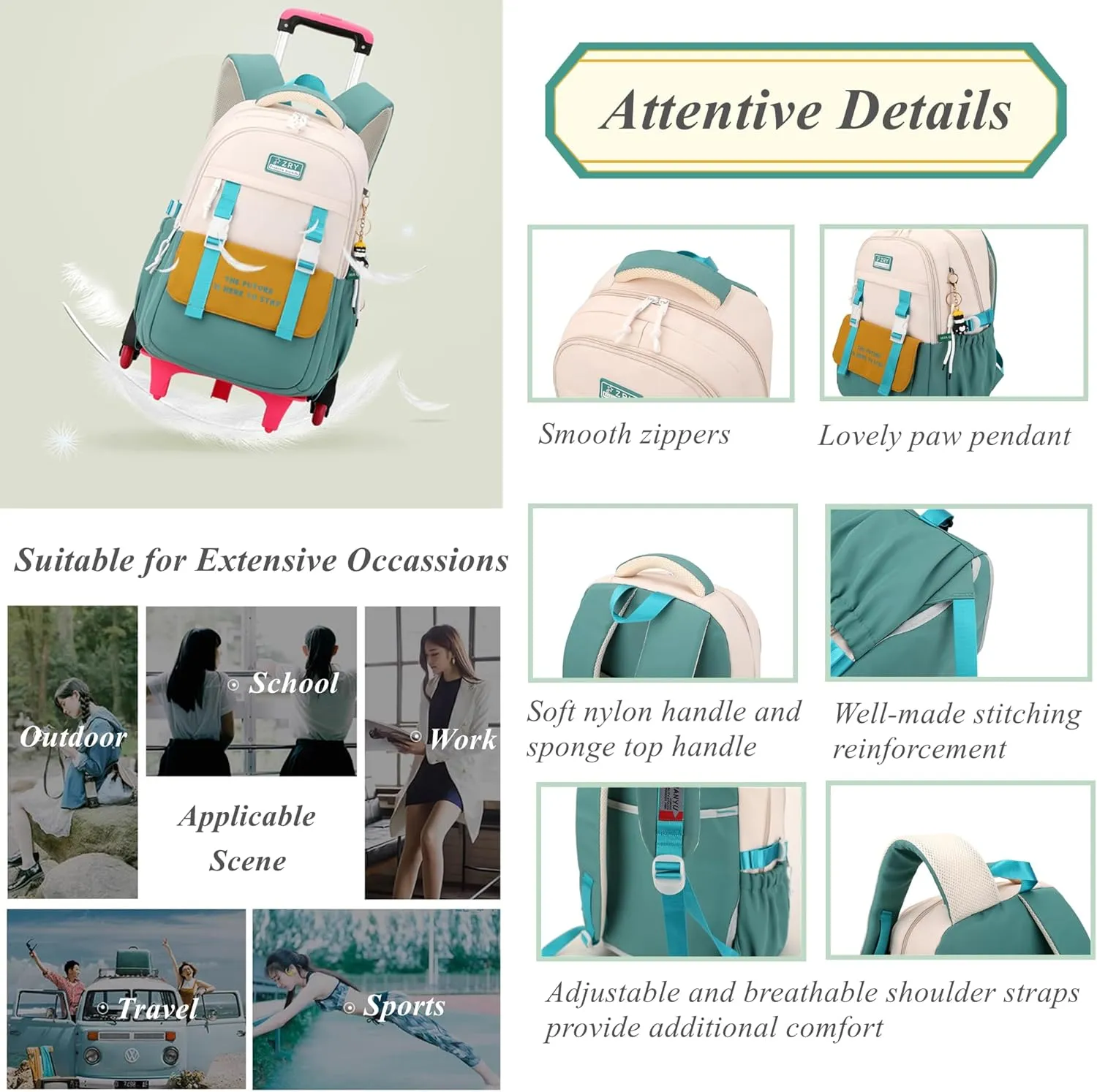 Color-blocking Rolling Backpack for Girls School Elementary, School Bags Girls Backpacks with 6 Wheels, Purple