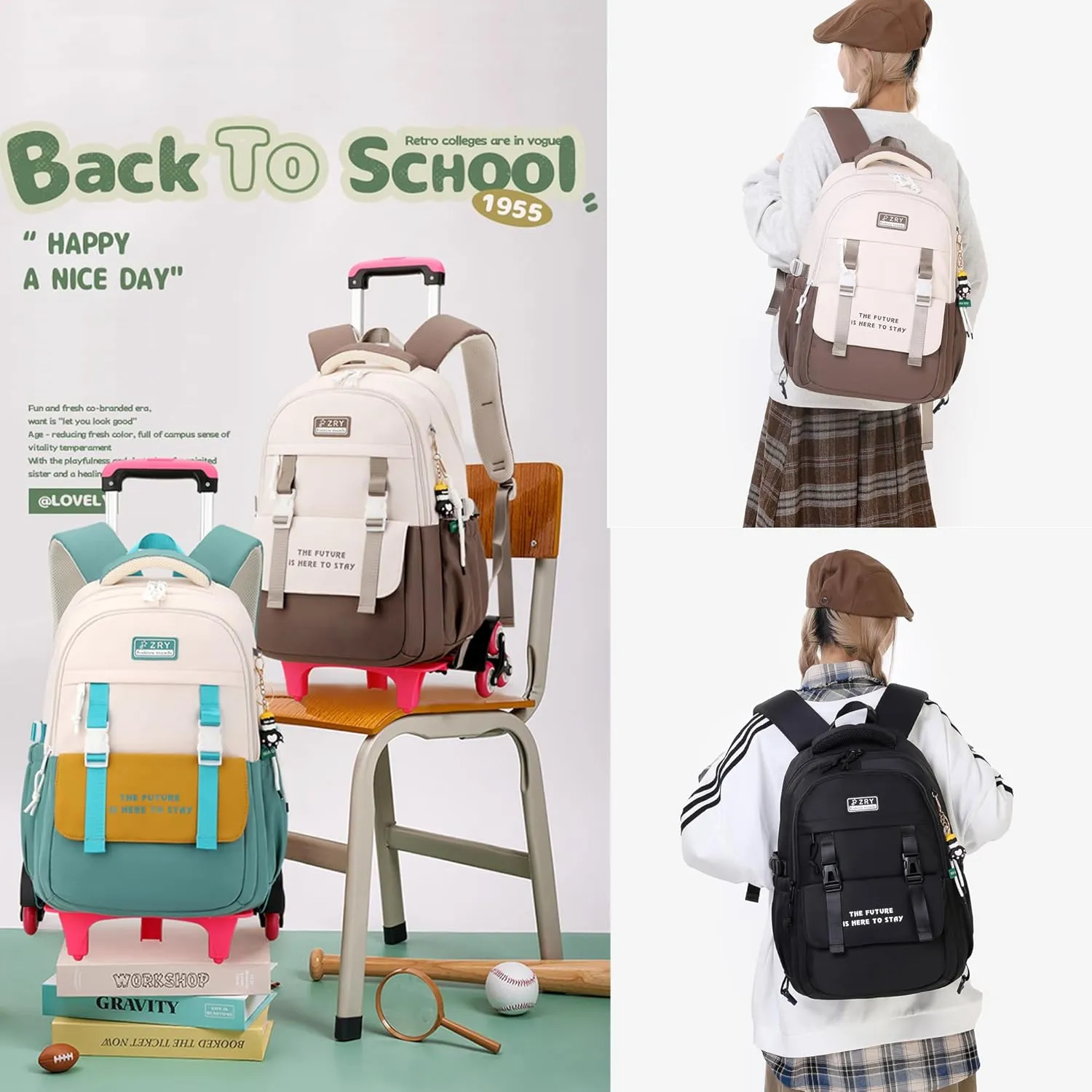 Color-blocking Rolling Backpack for Girls School Elementary, School Bags Girls Backpacks with 6 Wheels, Purple