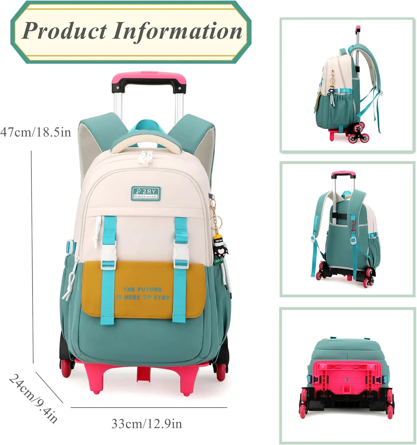 Color-blocking Rolling Backpack for Girls School Elementary, School Bags Girls Backpacks with 6 Wheels, Purple