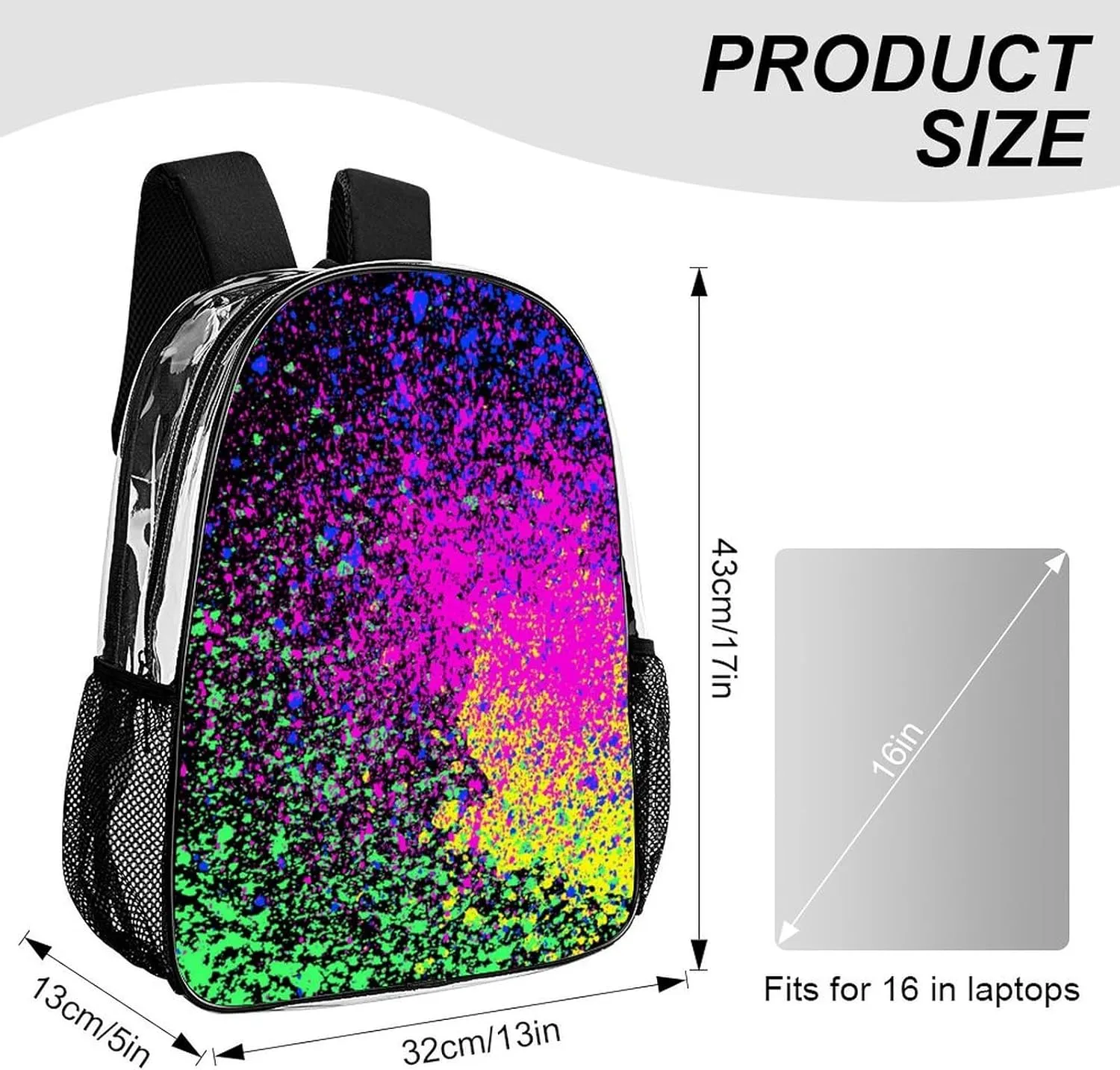 Colorfu Paint Splatter on Black Transparent Fashion Waterproof PVC Transparent Backpack Unisex 17 Inches
