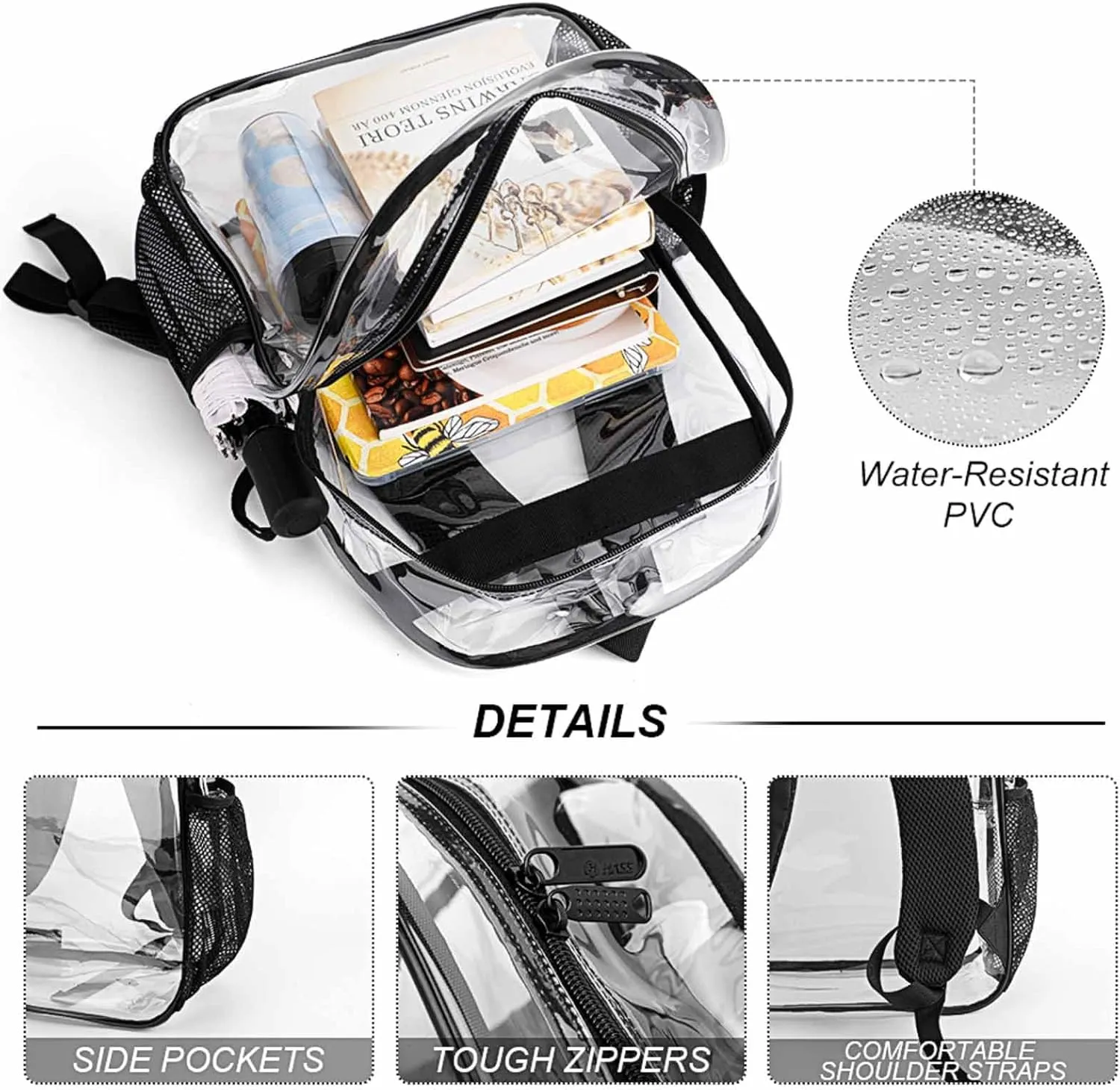 Colorfu Paint Splatter on Black Transparent Fashion Waterproof PVC Transparent Backpack Unisex 17 Inches