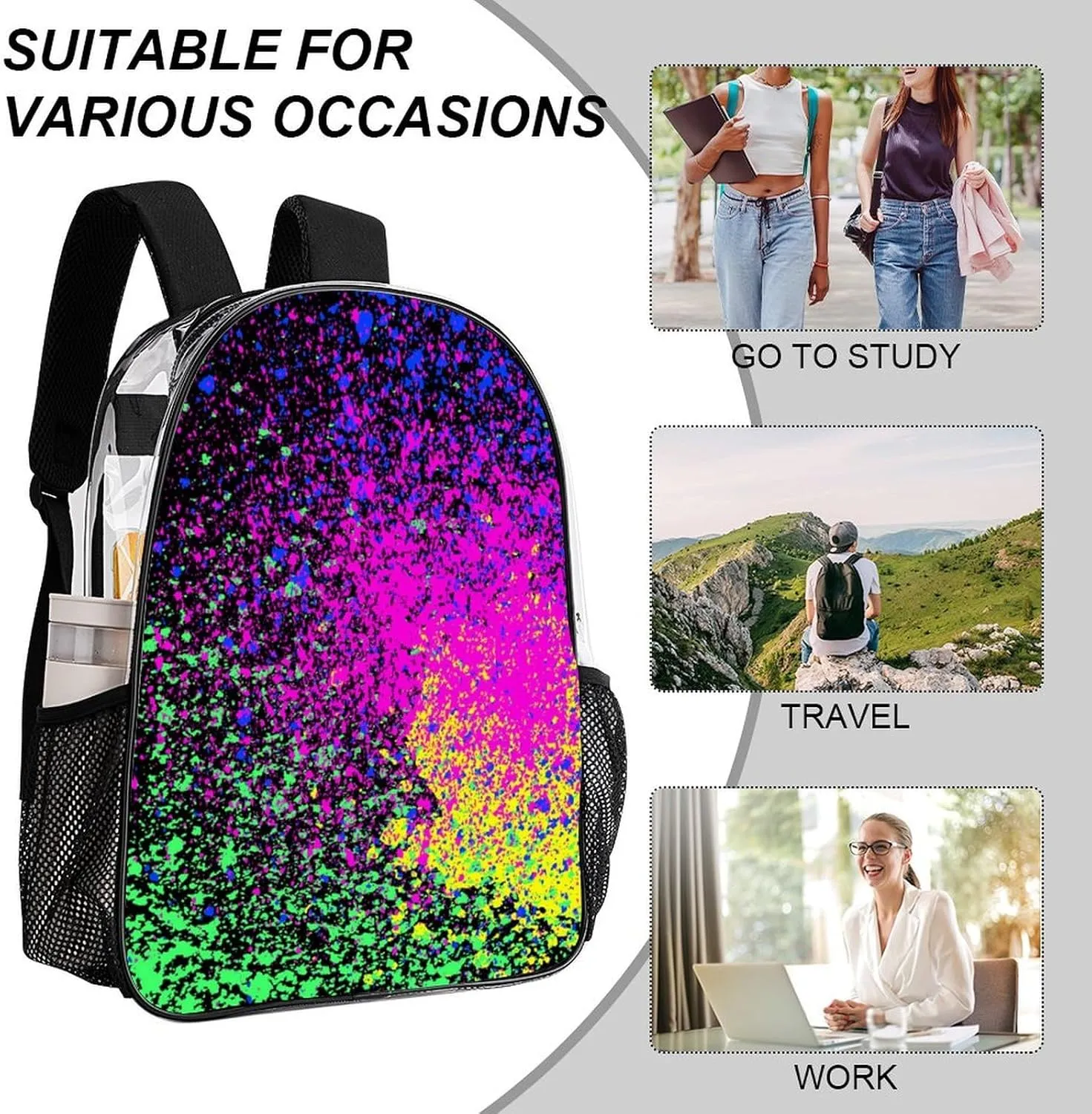 Colorfu Paint Splatter on Black Transparent Fashion Waterproof PVC Transparent Backpack Unisex 17 Inches