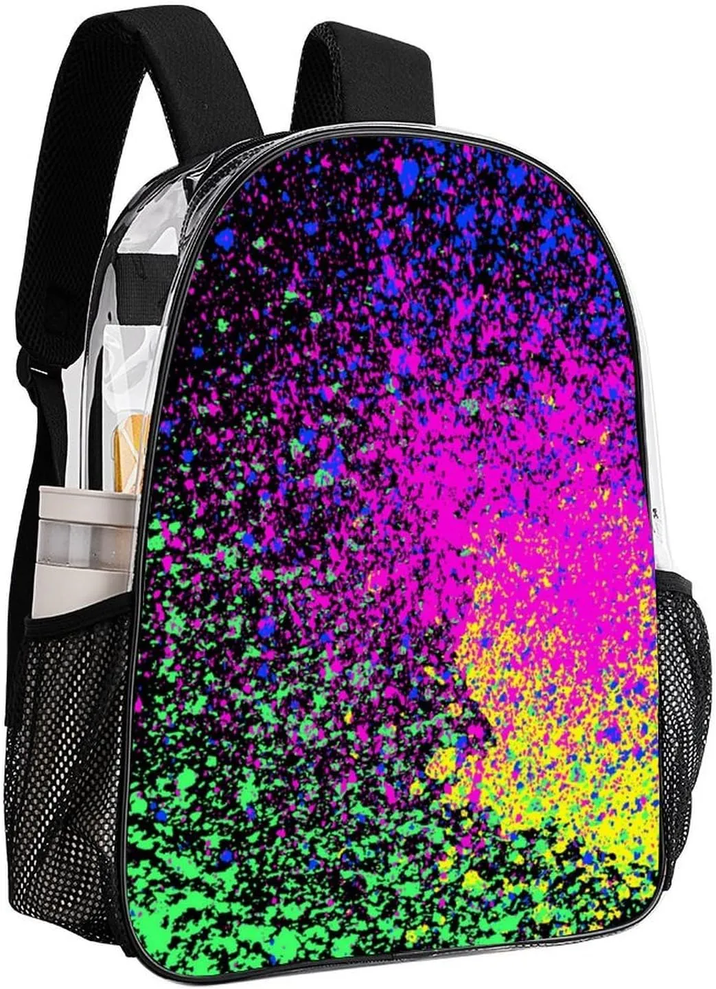 Colorfu Paint Splatter on Black Transparent Fashion Waterproof PVC Transparent Backpack Unisex 17 Inches