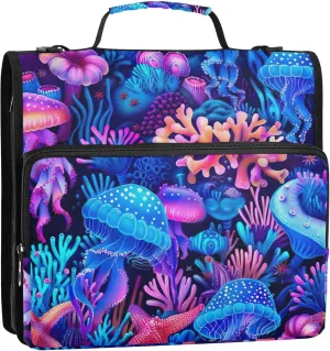 Colorful Coral Reef Ocean 1.5 Inch 3 Ring Binders Heavy Duty Zip up Binder Organizer School Binder Bag with Shoulder Strap Funny Multi Pockets Large Portfolio Folder